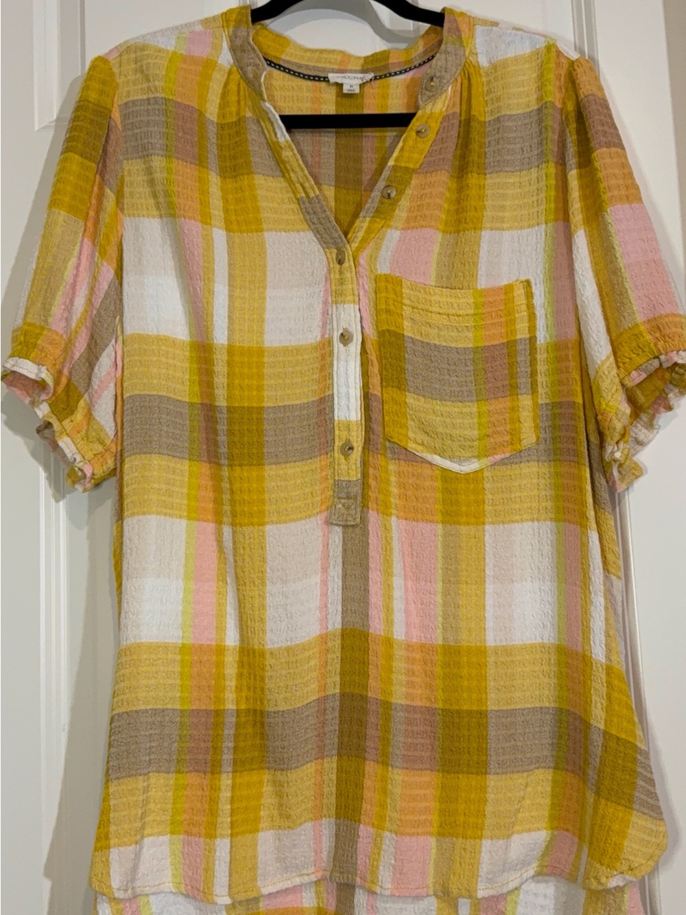 Pilcro Yellow Plaid Button Henley Blouse with Pocket